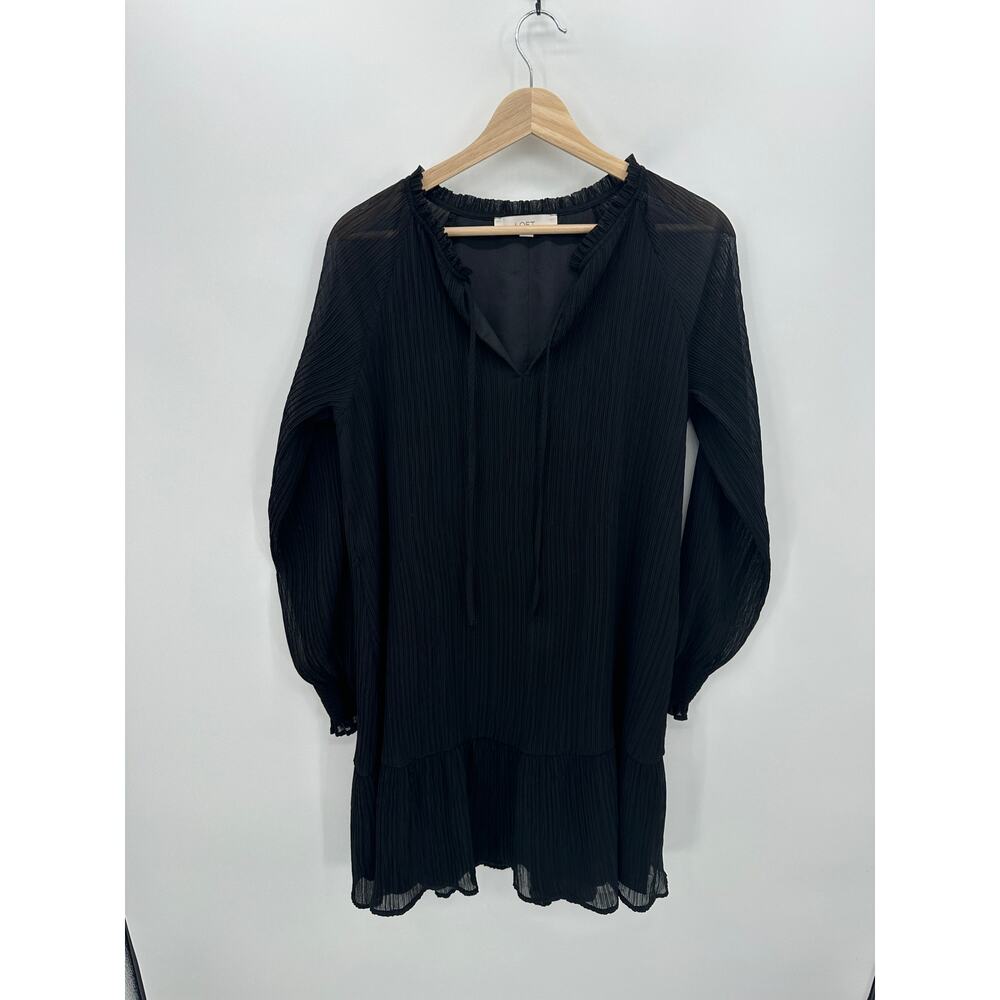 Loft Pleated Tie Neck Dress Womens Medium Black Long Sleeve Knee Length BW18